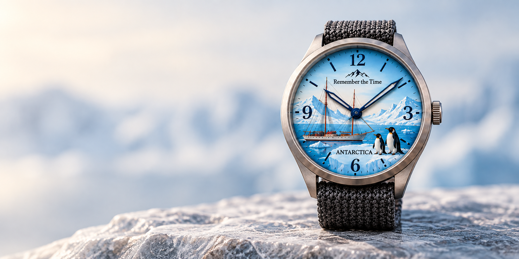 Antarctica-inspired watch concept with a schooner, mountains and penguins illustrated on the dial