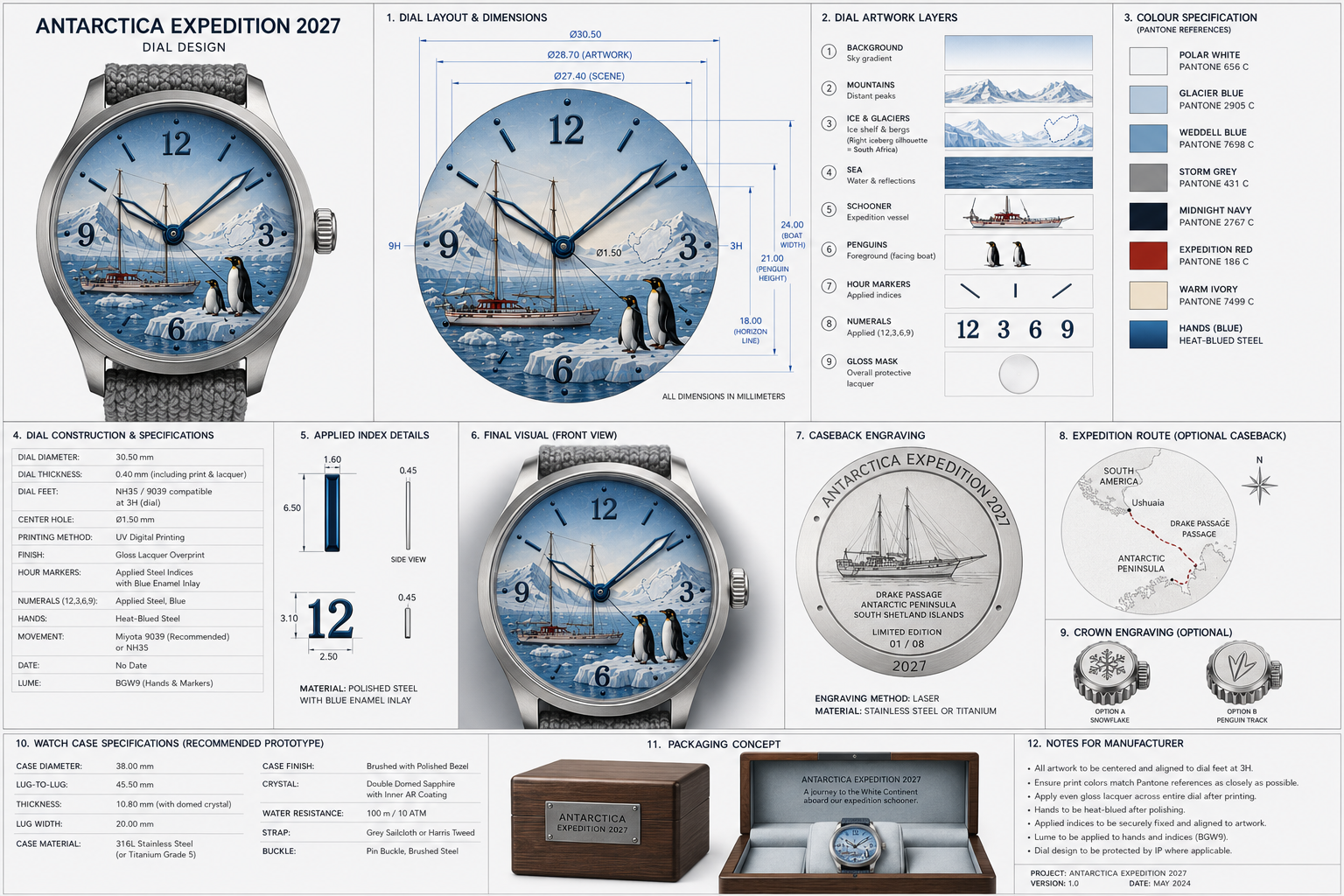 Antarctica concept specification showing dial artwork layers, colour references and possible case details