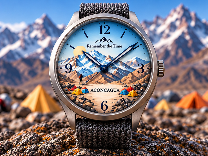 Aconcagua watch concept with a high mountain camp illustrated on the dial