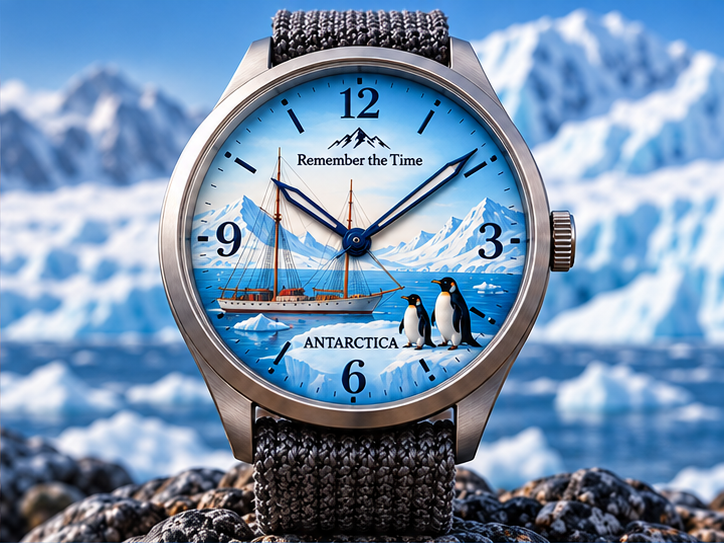 Antarctica watch concept with a schooner, mountains and penguins illustrated on the dial