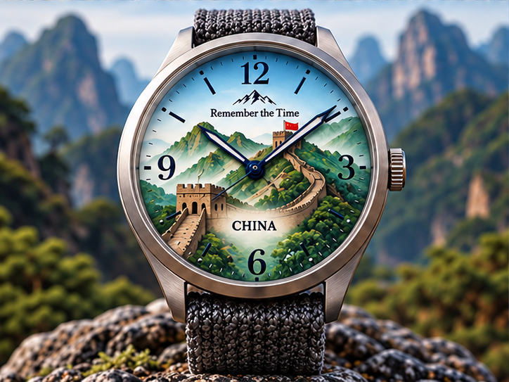 China watch concept with the Great Wall winding across green mountain ridges