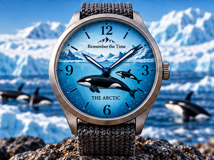 Arctic watch concept with orcas beneath a glacial landscape